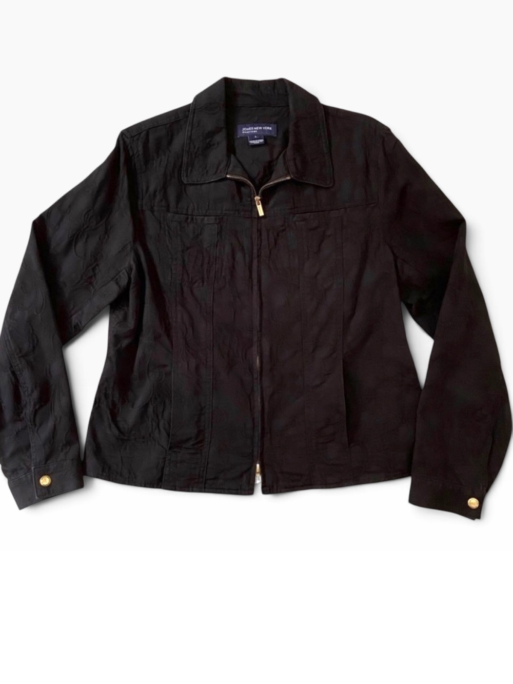 JONES New York Black blazer zip-up jacket 100% cotton tapestry pockets Large